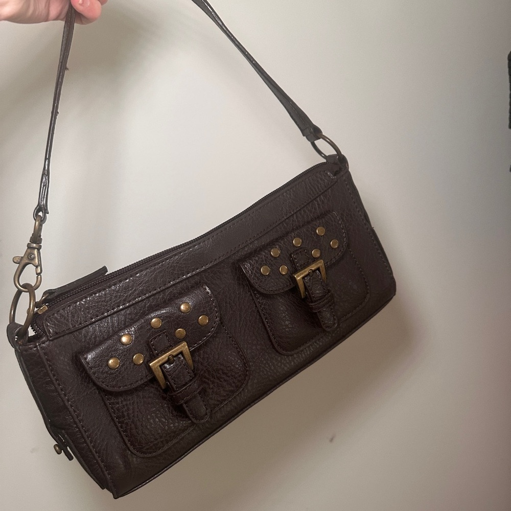 Black leather vintage y2k shoulder bag with gold studs and pockets #grungevibes